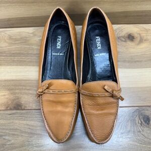 FENDI Vintage Y2K Moc Toe Low Heels Womens 7.5 EU 37.5 Tan Leather Whipstitch